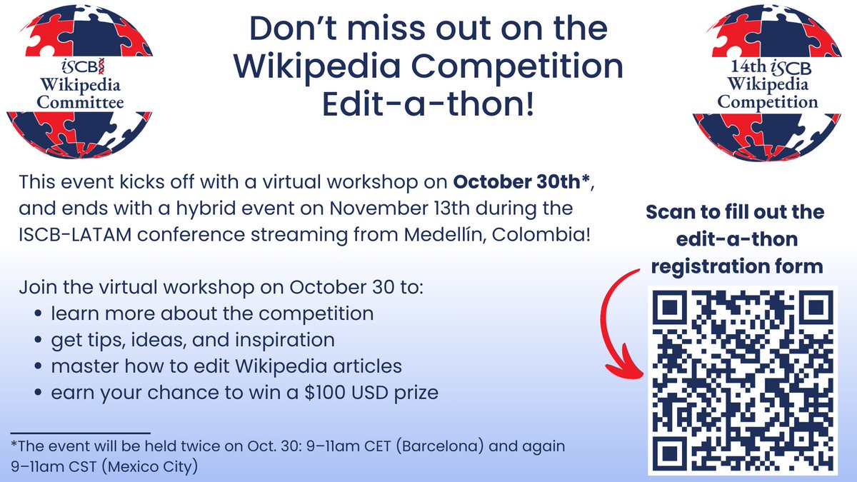 Únete al Editathon de la ISCB y contribuye a mejorar la cobertura en Wikipedia sobre las Competencias Básicas en Bioinformática.
Más información 👇👇👇👇
forms.gle/Zq7eZ81YwaU9Zw…