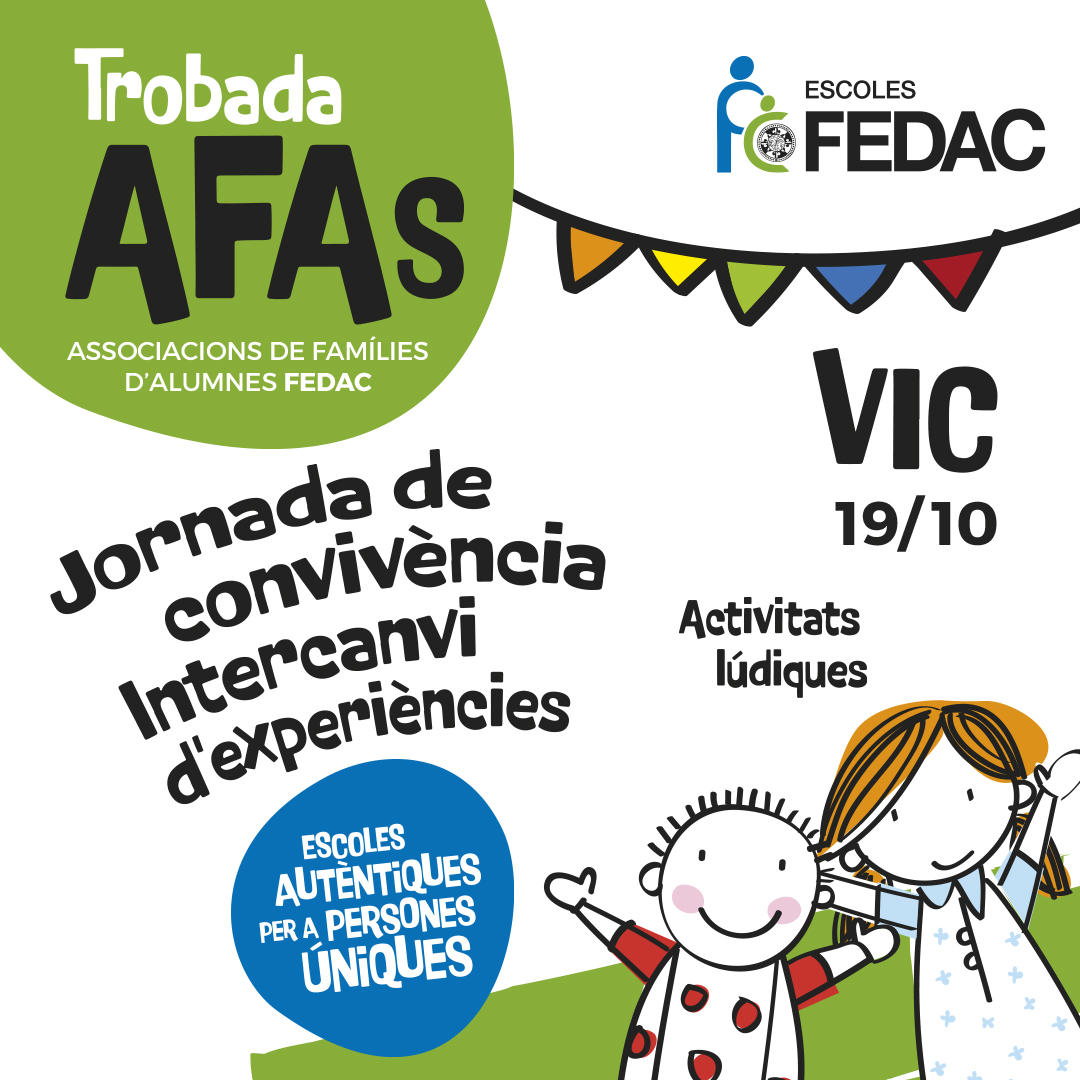 Les famílies sou una part molt important de les #escolesFEDAC. Per això, hem organitzat una trobada d'Associacions de Famílies (AFAs) FEDAC amb l'objectiu de conèixer-nos més!

📅 Dissabte 19 d'octubre de 10 h a 16.30 h
📍Escola <a href="/FEDACVic/">FEDAC Vic</a>

Us hi esperem, perquè #TotsPlegatsSomUn!