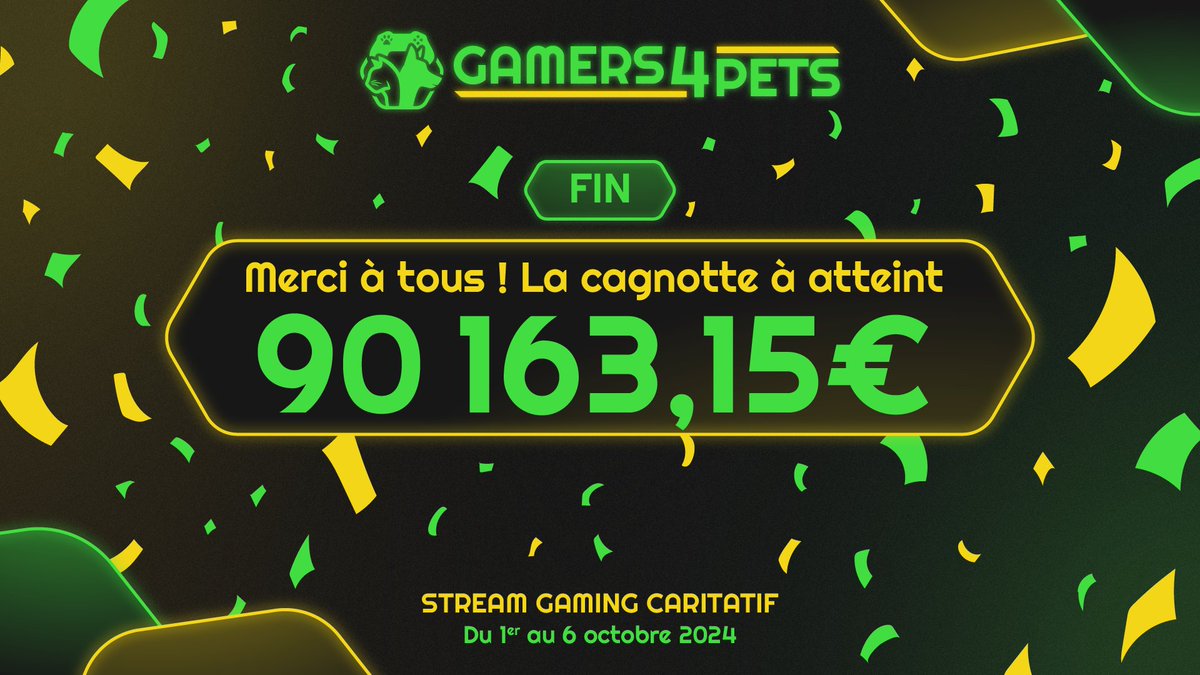 Septsent7's tweet photo. Hier soir a sonné la fin du GAMERS4PETS 2024 où l'on a pu amassé la somme de 350€ pour l'événement sur ma chaîne ! 

La cagnotte globale a atteint l'objectif des 90k !💰
Merci encore pour votre participation🌟

#gamers4pets #gamers4pets2024 #twitch #twitchfr #G4P #G4P2024 https://t.co/pTLCDJufZb