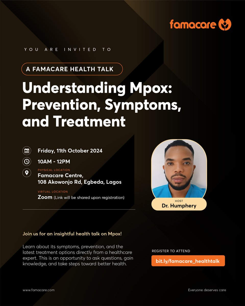 famacare's tweet photo. FAMACARE HEALTH TALK!  
Topic: Mpox Uncovered: Prevention, Symptoms, and Treatment.

Special Host: Dr. Humphery 
 
Date: September 27, 2024 
Time: 10:00 AM - 12:00 PM  
In-Person: Famacare Centre, 108 Akowonjo Rd, Egbeda, Lagos  

Online: https://t.co/UGuOdzBWbX 

#HealthTalk https://t.co/83FDcnjsL2