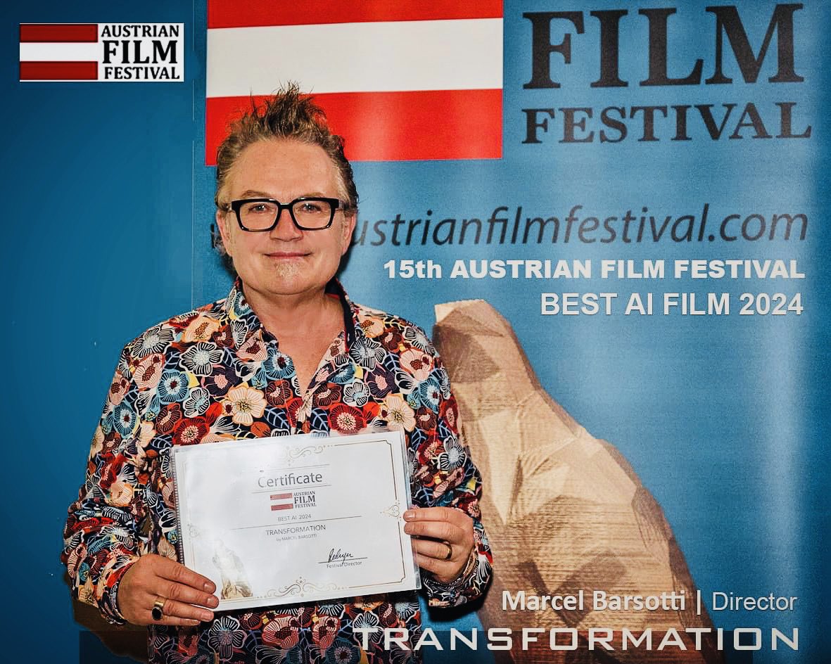 BarsottiMarcel's tweet photo. 🏆WINNER OF THE AUSTRIAN AI AWARD 2024 Incredibly cool: after the International Peace Award in Toronto, my short film Transformation received the AI Award 2024 at the Austrian Film Festival in Vienna
#winner #artificalintelligence #austrianfilmfestival #marcelbarsotti #director https://t.co/pJumYvlBUz