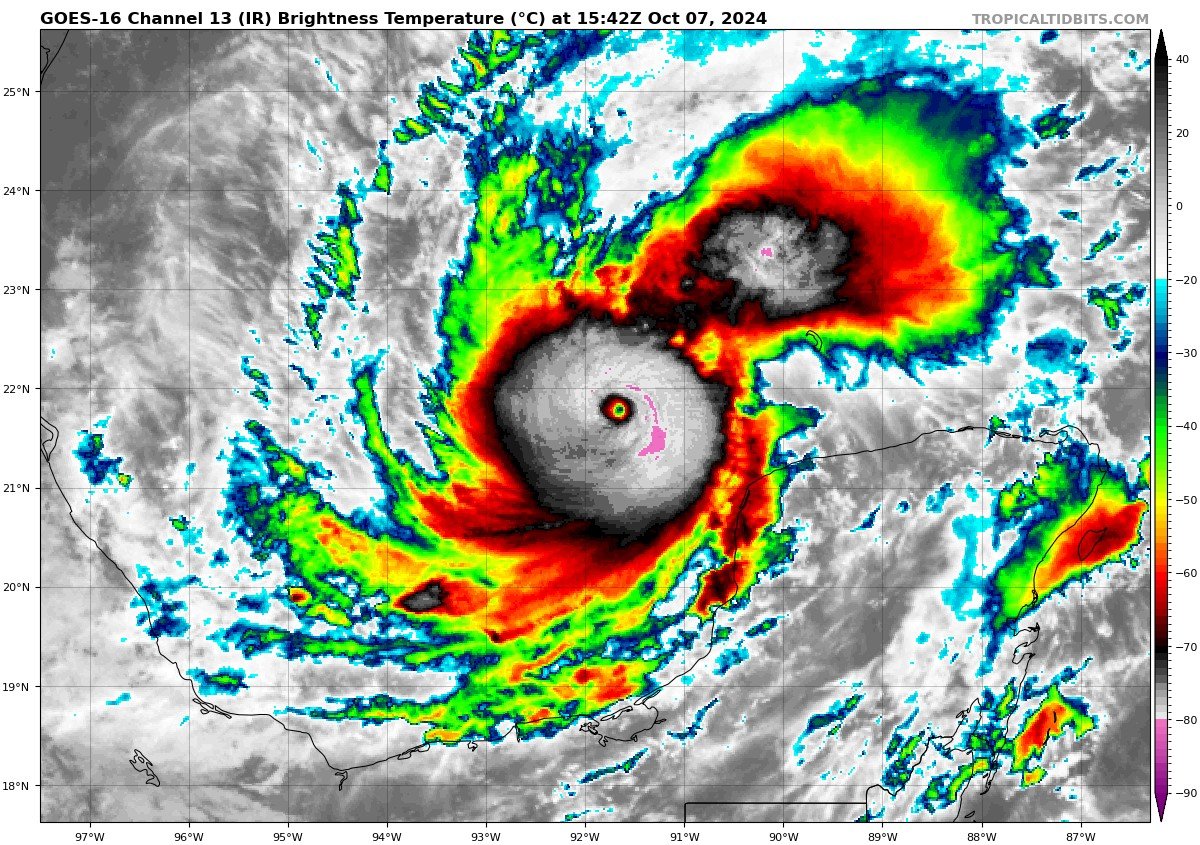 TropicalTidbits's tweet image. New winds just measured by the @53rdWRS hurricane hunter aircraft in the SW eyewall suggest that #Milton will shortly be upgraded to a Cat 5 hurricane with max winds of 160-165 mph as an extreme rate of intensification continues.