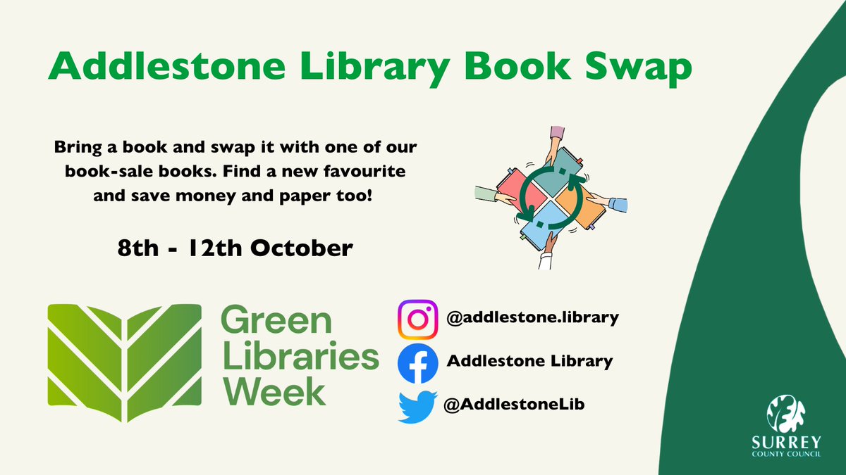 AddlestoneLib's tweet image. Starting tomorrow: ♻️
Addlestone Library Book Swap in celebration of Libraries Green Week.
Runs from Tuesday 8 October to Saturday 12 October. Bring a book and swap it with one of our book-sale books. Find a new favourite and save money and paper too!
#GreenLibrariesWeek