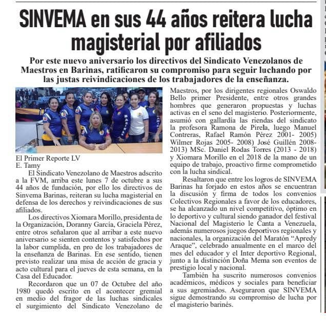 fvmluchaonline's tweet photo. La FVM se enorgullece en felicitar a nuestro sindicato filial SINVEMA Barinas por sus 44 años de compromiso magisterial.

Que la dedicación y buen desempeño de sus dirigentes continúe siendo un ejemplo de actitud y constancia para el beneficio del magisterio y la educación. https://t.co/SZ4o3zx3YA