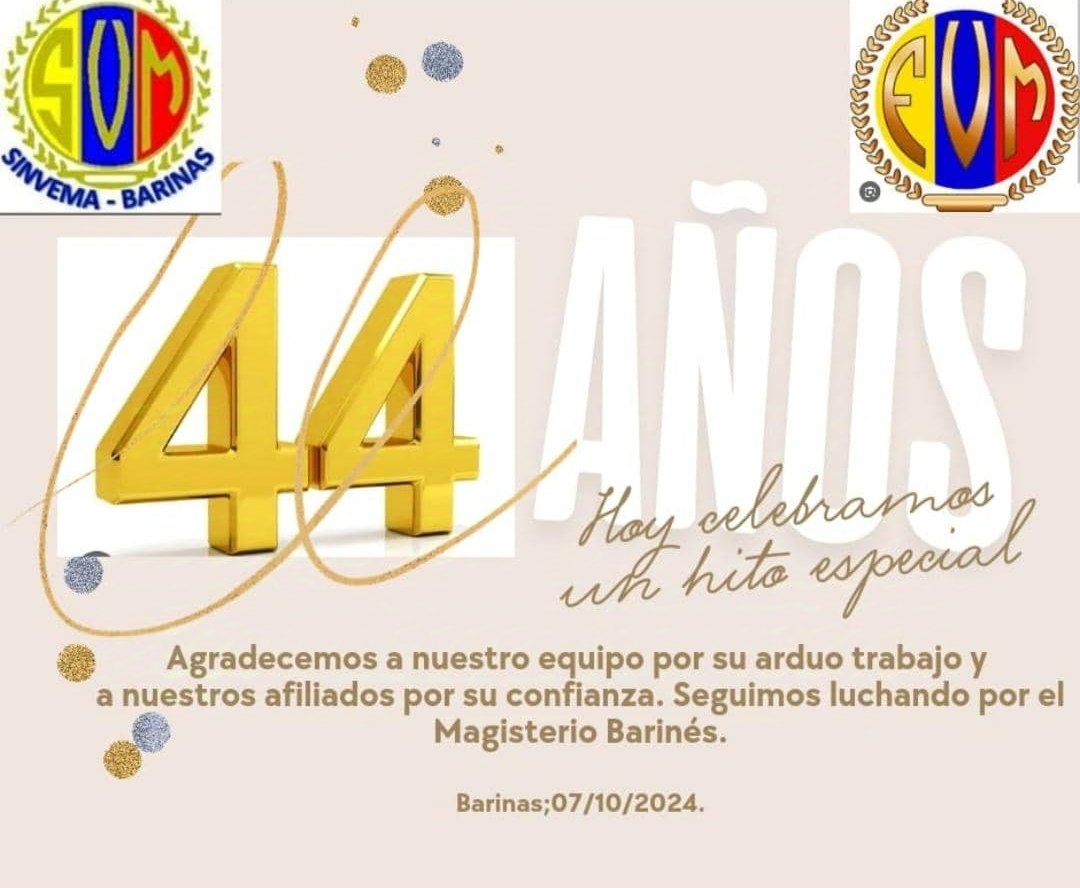 fvmluchaonline's tweet photo. La FVM se enorgullece en felicitar a nuestro sindicato filial SINVEMA Barinas por sus 44 años de compromiso magisterial.

Que la dedicación y buen desempeño de sus dirigentes continúe siendo un ejemplo de actitud y constancia para el beneficio del magisterio y la educación. https://t.co/SZ4o3zx3YA
