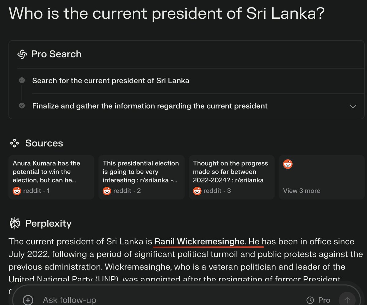 MJayatilake's tweet photo. Here's my case against @perplexity_ai and more generally the potential of LLMs to replace search. 
 
I'm writing this when it's been a bit more than 2 weeks since a new President was elected in Sri Lanka. @Google gets it right while Perplexity seems to still be outdated. https://t.co/Js3B9viNZq