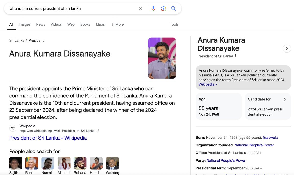 MJayatilake's tweet photo. Here's my case against @perplexity_ai and more generally the potential of LLMs to replace search. 
 
I'm writing this when it's been a bit more than 2 weeks since a new President was elected in Sri Lanka. @Google gets it right while Perplexity seems to still be outdated. https://t.co/Js3B9viNZq