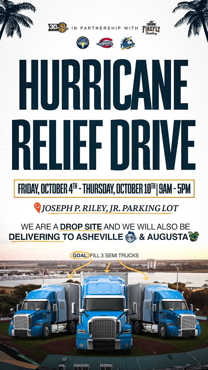 ChasRiverDogs's tweet image. Friends and Fans, We are having a Hurricane Relief Drive at our ballpark. to support our fellow baseball communities in Asheville and Augusta! Our donation station will be up until Thursday, October 10th. We would love to see you! Let&apos;s fill these trucks!