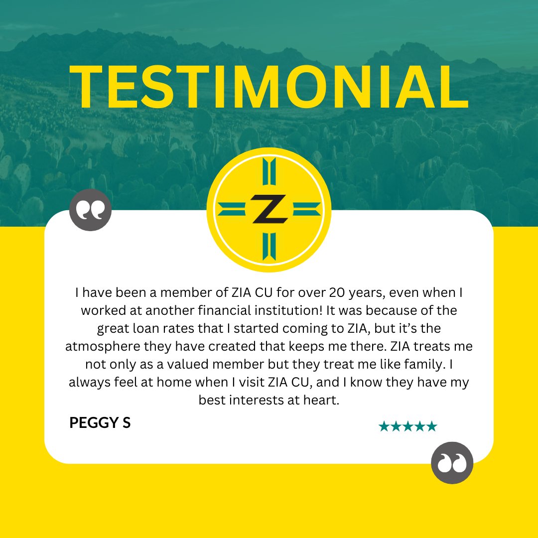ZiaCreditUnion's tweet photo. We couldn’t think of a higher form of praise than what our members say about Zia CU. Peggy, your trust and loyalty mean everything to us, and we’re committed to always having your best interests at heart. Thank you for being part of the Zia community! 🌟

#MemberTestimonial https://t.co/9JmrONcsgf