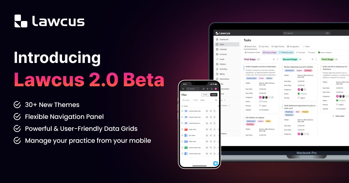 Introducing Lawcus 2.0 Beta: Experience the Future of Legal Software!
Explore the highlights:
📷 Sleek New Dashboard Design
📷 Powerful Data Grids
📷 Mobile Compatibility
📷 Intuitive Navigation
Read More: lawcus.com/introducing-la…