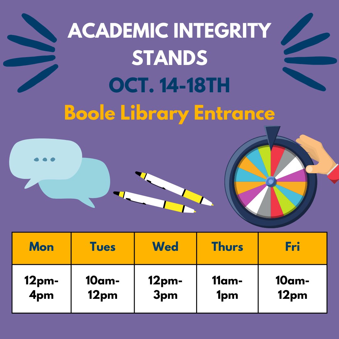 📣Come chat with tutors at our Academic Integrity Stands in the front entrance of the Library every day during Academic Integrity Week. They are here to answer your questions and direct you to supports. Spin the academic integrity wheel and grab a pen when you come by! #MyOwnWork