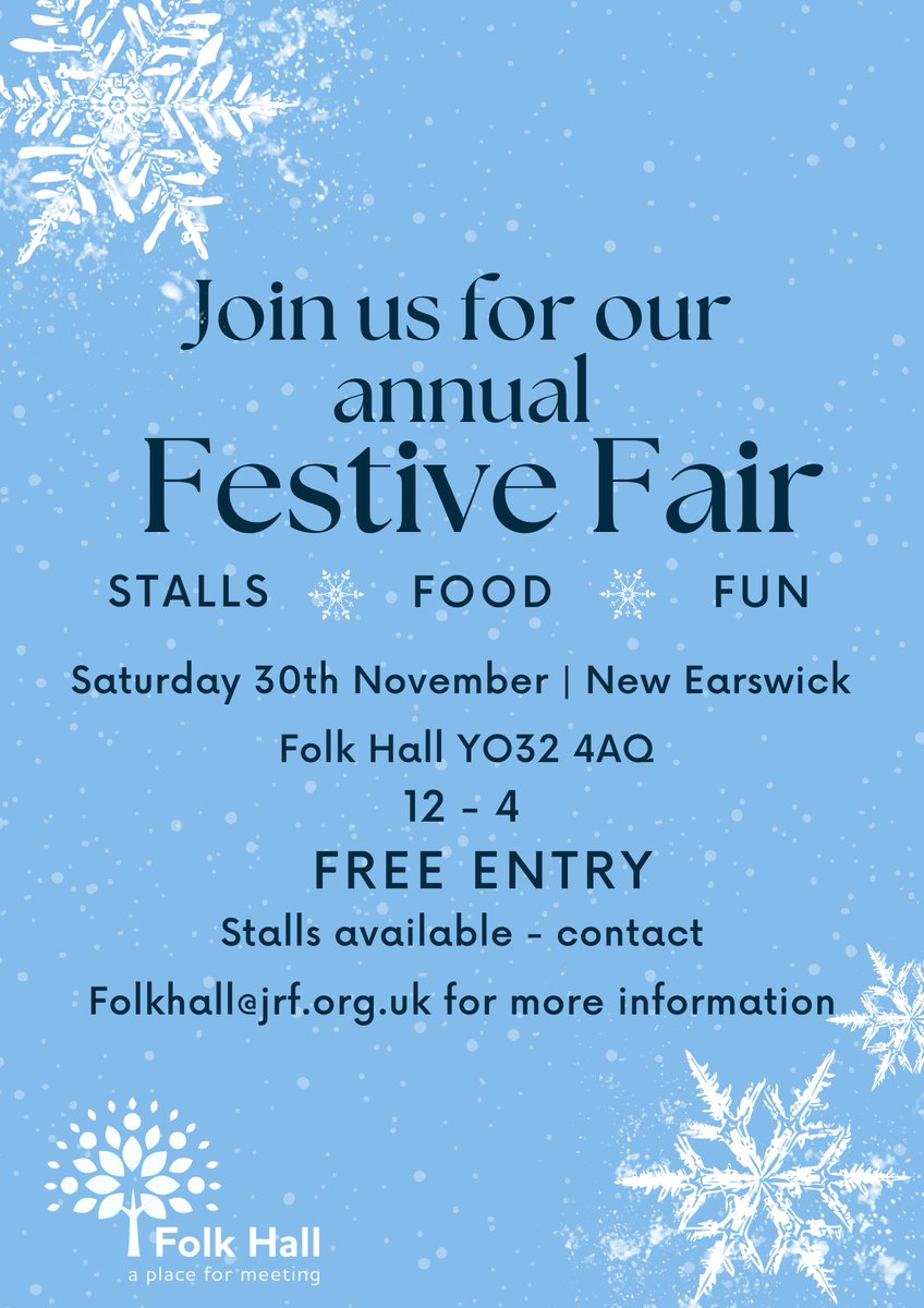 ❄️ Calling all stall holders, our annual Folk Hall Festive Fair is on Saturday 30th November ❄️  

Stalls available, get in touch by emailing folkhall@jrf.org.uk
