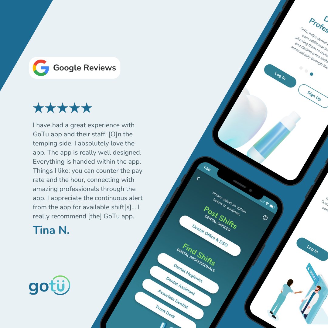 joingotu's tweet image. GoTu is changing the way dental pros work, one shift at a time.

#GoTuWork #GoTuCrew #FlexibleWork #DentalCommunity #EmpowerYourCareer #GoTuReviews