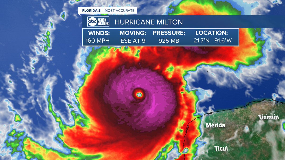 DenisPhillipsWx's tweet photo. Milton has rapidly intensified to a Category 5 storm. https://t.co/3Vwn2AngUH