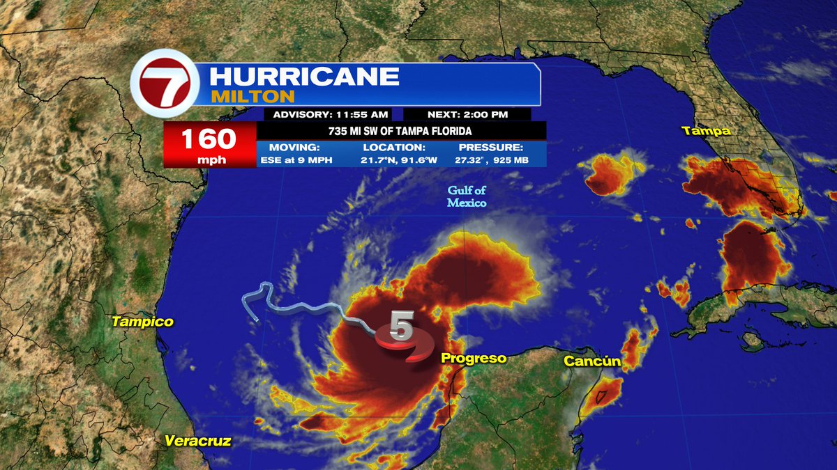 7Weather's tweet image. 11:55AM #MILTON UPDATE: Hurricane Milton has strengthened again and is now a Category 5 hurricane with winds of 160mph. @wsvn