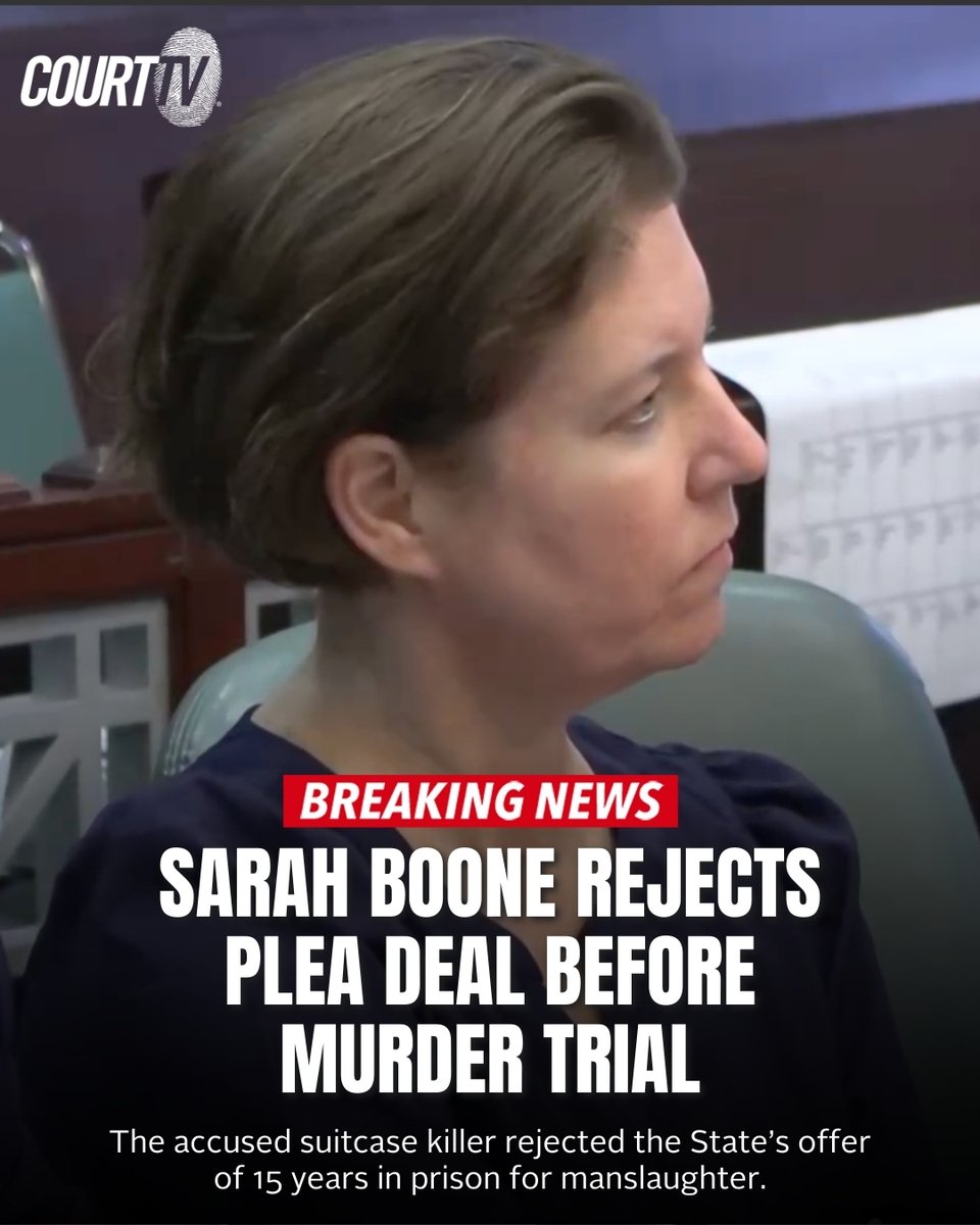 CourtTV's tweet photo. #BREAKING: Accused suitcase killer #SarahBoone has rejected a plea offer from the State for 15 years in prison. If she's convicted, she faces at least 22.5 years. 

Jury selection has been postponed until next Monday due to Hurricane Milton.

#CourtTV What do YOU think? https://t.co/RbIqbjNE4E