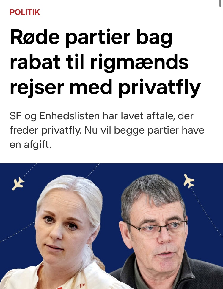 <a href="/signe_munk/">Signe Munk</a> &amp; <a href="/SorenEggeRasmus/">Søren Egge Rasmussen</a> - melder I jer ud af aftalen?  
Det kan simpelthen ikke passe, at de rige slipper for at betale, modsat resten af befolkningen.  
Det bør være forureneren, der betaler, hvilket ikke er tilfældet her. #dkpol