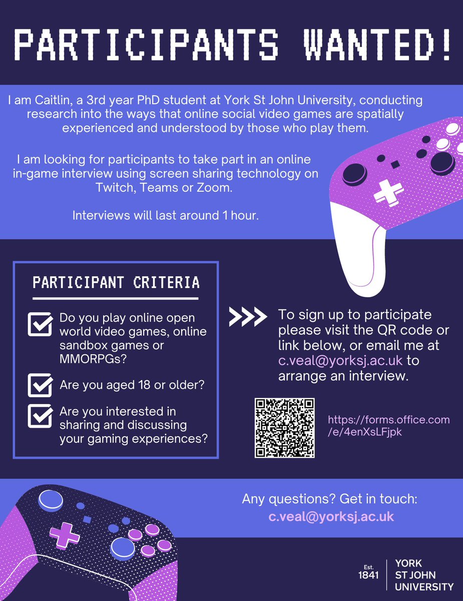 Caitlin Veal (@caitlin_veal) on Twitter photo I’m looking for people who regularly play MMORPGs, online sandbox or online open world video games who would be interested in letting me interview them while they play!
If you’re interested in taking part, email me at c.veal@yorksj.ac.uk or sign up at forms.office.com/e/4enXsLFjpk ✨ I’m looking for people who regularly play MMORPGs, online sandbox or online open world video games who would be interested in letting me interview them while they play!
If you’re interested in taking part, email me at c.veal@yorksj.ac.uk or sign up at forms.office.com/e/4enXsLFjpk ✨