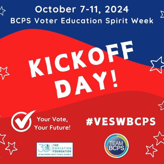 🗳🎉Join us for BCPS’ Voter Education Spirit Week! Aiming to raise awareness about the importance of voting providing students with information about the electoral process. Let’s make our voices heard! Post a selfie at your school's spirit week table and tag us! #VESWBCPS