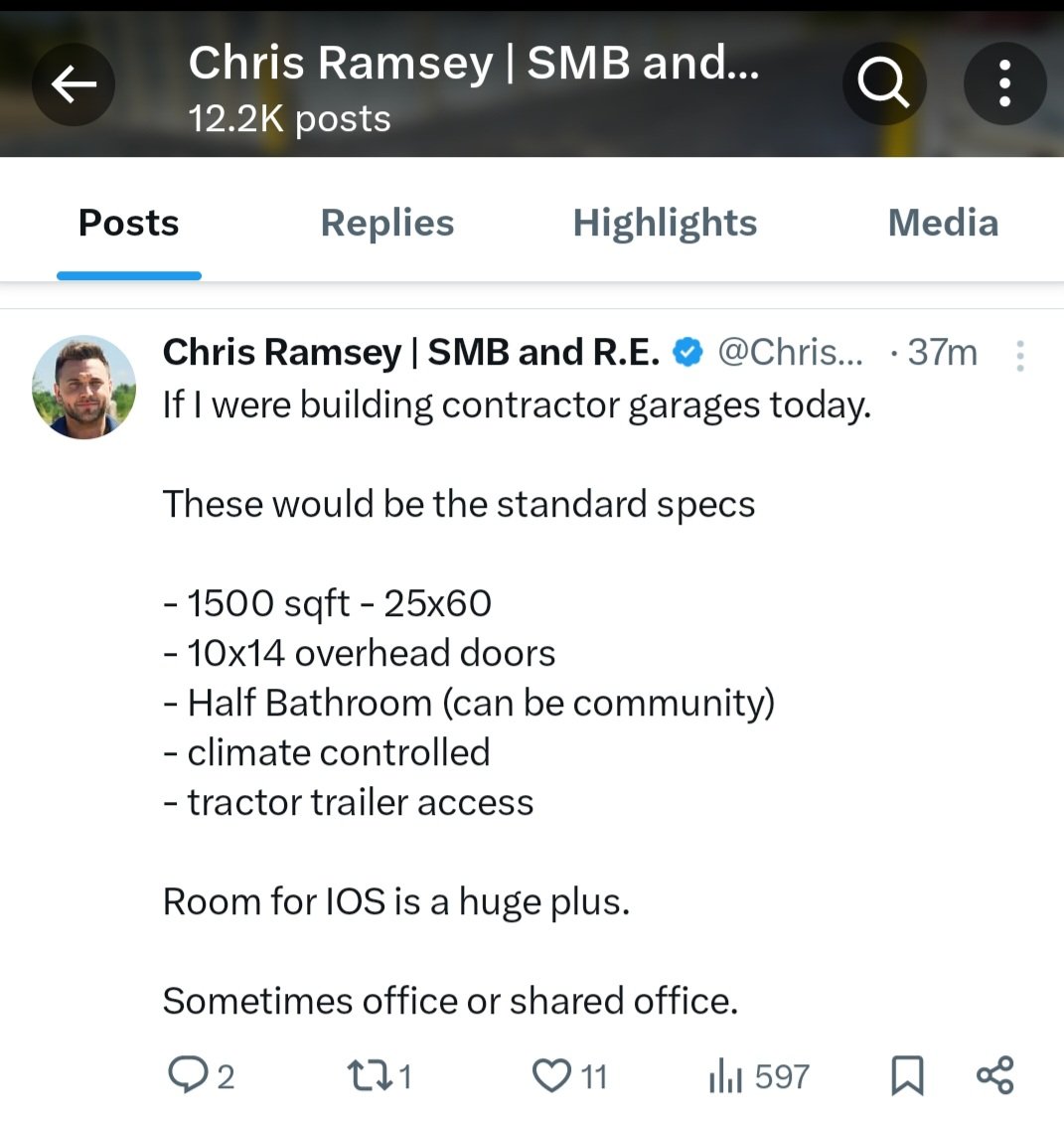 Let's be clear... this is not a Contractor Garage.  Chris is describing incubator industrial, and if there is office,  flex.  2 different users, 2 different products,  2 different price points.  

These are the true specs.   Chris should come to one of my classes. 

500-1000 sf (