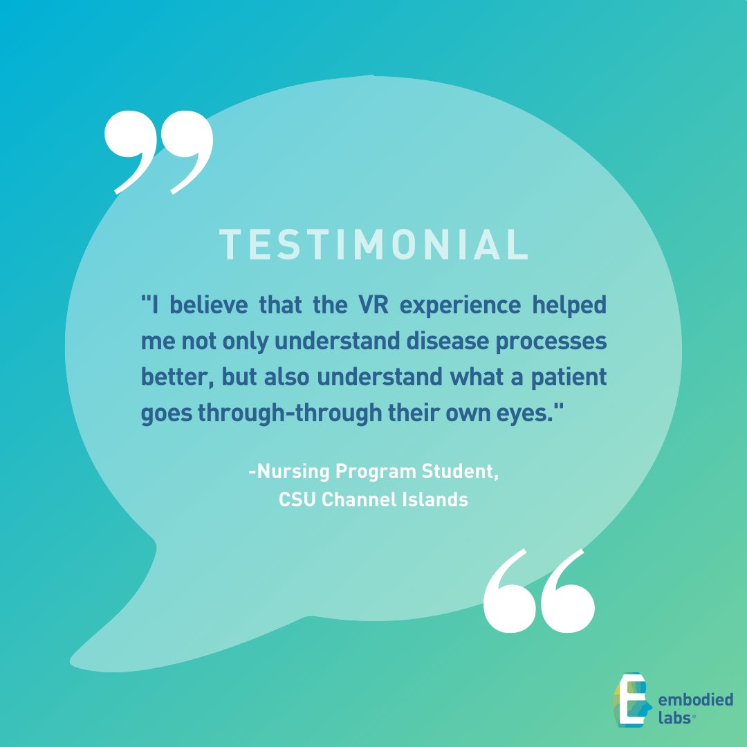 Embodied Labs® (@embodiedlabs) on Twitter photo At Embodied Labs, we empower care providers to step into their patients' shoes through immersive VR training – enhancing empathy, reducing burnout, and delivering positive care outcomes.
Learn more about the benefits at hubs.la/Q02SlQWX0
#immersivelearning At Embodied Labs, we empower care providers to step into their patients' shoes through immersive VR training – enhancing empathy, reducing burnout, and delivering positive care outcomes.
Learn more about the benefits at hubs.la/Q02SlQWX0
#immersivelearning