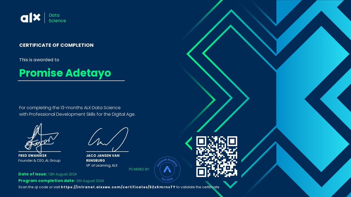 adetayo_23's tweet photo. A big congratulations to my peers and me! 🎉

 After dedicating 17 months to learning data science, we’ve finally received our certificates. Thank you, ALX, for this incredible opportunity! 🙌 
#ALXDataScience #DataAnalytics #Growth #BuildInPublic https://t.co/Vo48CiPU6G