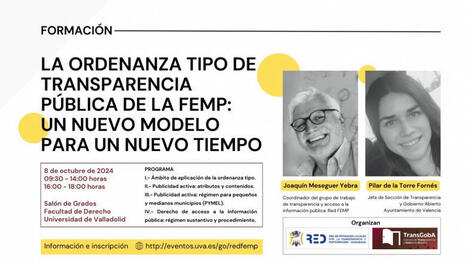 🔎 ¡Hoy celebramos la Jornada 'La ordenanza tipo de transparencia pública de la <a href="/REDFEMP_TyP/">Red Transparencia y Participación - RED FEMP</a>: un nuevo modelo para un nuevo tiempo'!  

 🗣️ Intervienen <a href="/MeseguerYebra/">Joaquín Meseguer Yebra</a> y <a href="/pirdefor/">Pilar de la Torre Fornés</a> 

📍Salón de Grados de la Facultad de Derecho de la <a href="/UVa_es/">Gabinete de Comunicación Universidad de Valladolid</a>