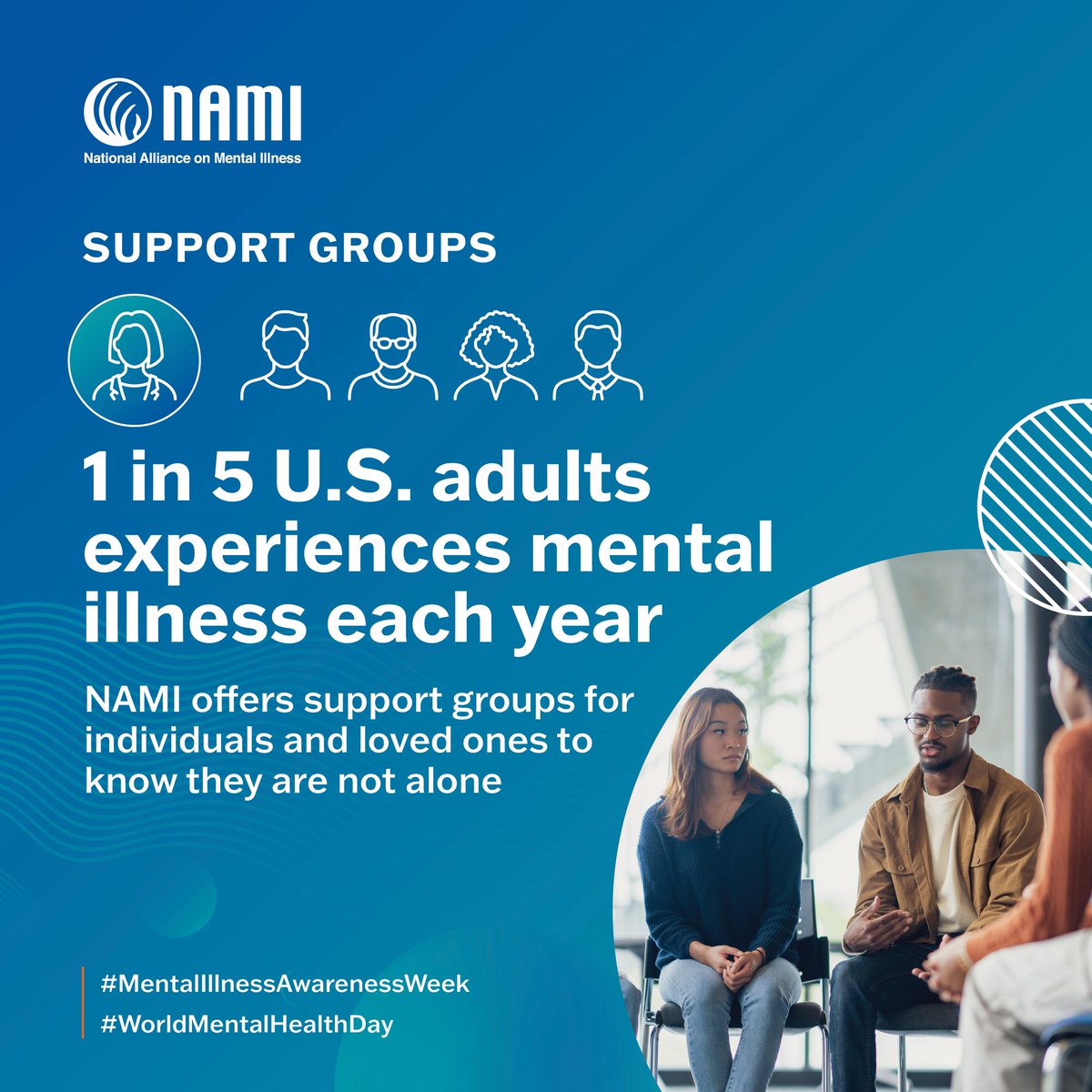 You're not alone in your mental health journey. NAMI Support Groups offer a safe space to share experiences, receive encouragement, and find understanding with others who truly get it. Join a community that cares. Find your support group today at nami.org/supportgroup.