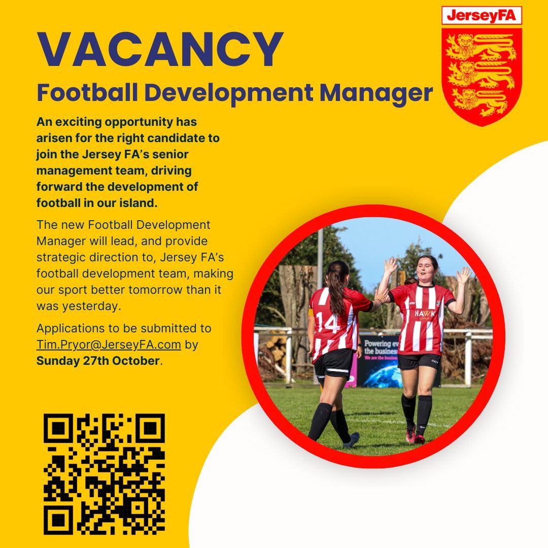 𝙑𝘼𝘾𝘼𝙉𝘾𝙔 𝘼𝙏 𝙅𝙀𝙍𝙎𝙀𝙔 𝙁𝘼

We're looking for a Football Development Manager to join our team. 👥

Applications to be submitted to Tim.Pryor@JerseyFA.com by Sunday 27th October. 🗓️

➡️ jerseyfa.com/news/2024/oct/… 

#JobsInFootball #FootballCareers #Jersey #JerseyFootball