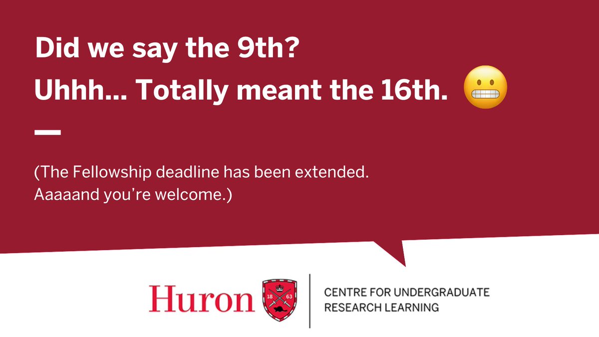 Oops. Our bad 🤷‍♀️ 

CURL Fellowship applications are now due NEXT Wednesday, October 16! 

Find more details at our website. Can't wait to see what you come up with! 

huronresearch.ca/curl/awards/fe…