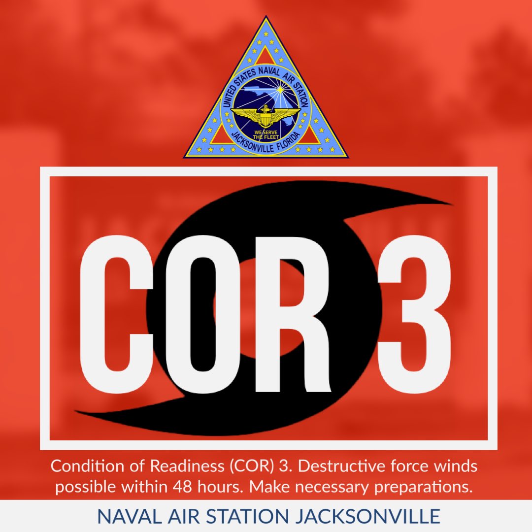 🌀📢 Now set Condition of Readiness (COR) 3

In response to Hurricane Milton, The Commanding Officer of Naval Air Station Jacksonville has ordered the setting of Condition of Readiness 3. 

Set COR 3 NLT 6:00 P.M. local time, Oct. 7, 2024.