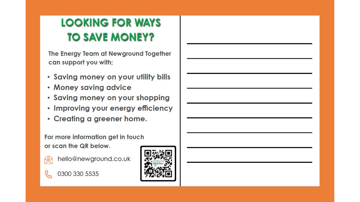 Staying Well Project (@stayingwellcal) on Twitter photo Saving Together is here to support you with advice on money saving & improving energy efficiency
For more info scan the QR code or contact The Energy Team at Newground Together: 0300 330 5535 / hello@newground.co.uk
#MoneySaving #EnergyEfficiency #NewgroundTogether #StayingWell Saving Together is here to support you with advice on money saving & improving energy efficiency
For more info scan the QR code or contact The Energy Team at Newground Together: 0300 330 5535 / hello@newground.co.uk
#MoneySaving #EnergyEfficiency #NewgroundTogether #StayingWell
