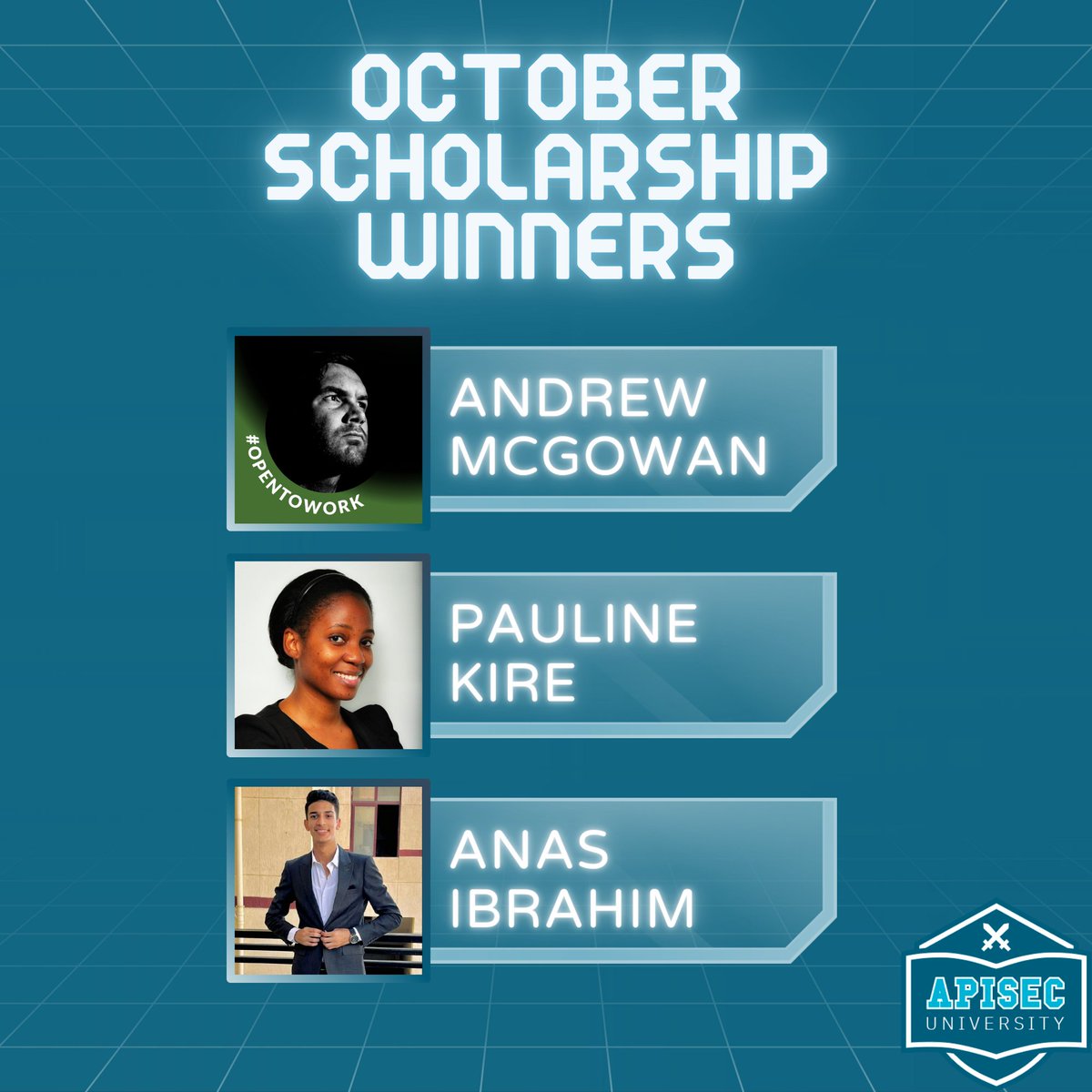 apisecu's tweet image. Congratulations to our October Scholarship winners! Thanks for being a part of the AU family, and good luck with the exams 💪