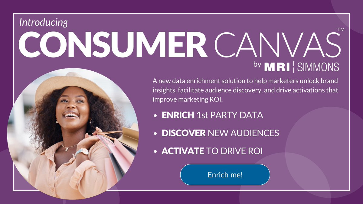 Today we are proud to announce the launch of Consumer Canvas™ to help marketers improve the quality and utility of first-party data. 

📈  ENRICH their 1st party data
🔎 DISCOVER new audiences
🚀 ACTIVATE campaigns to drive ROI

Learn more: mrisimmons.com/solutions/cons…