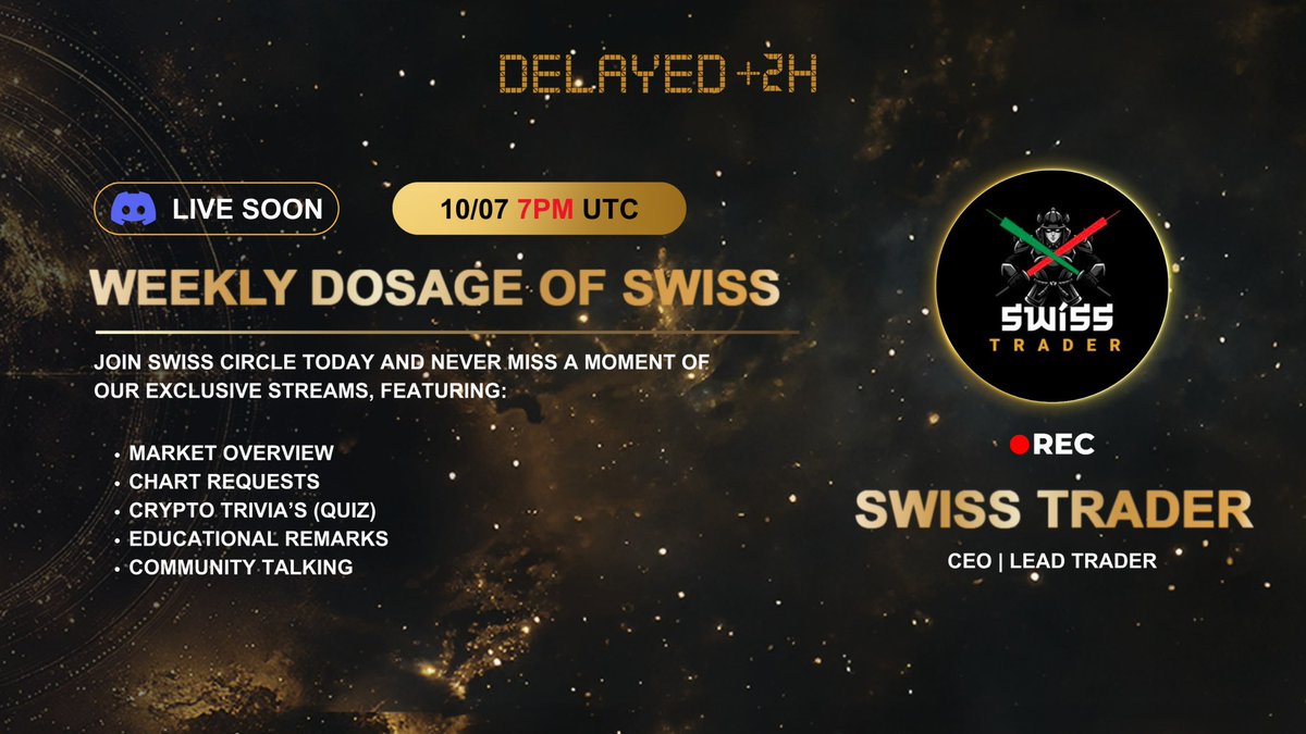 swiss_circle's tweet photo. Hey Swiss Circle! Tonight’s @swisstrader09 live stream will be delayed by 2 hours. We apologize for the wait, but we’re excited to see you soon in the Discord. Stay tuned for more updates!
#SwissTraders #LiveStream https://t.co/EPNrnlrePn