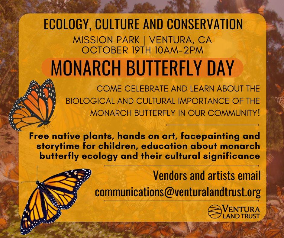 MuseumVenturaCo's tweet photo. Join us for Monarch Butterfly Day hosted by Ventura Land Trust on 10/19 from 10 AM-2 PM at Mission Park.
Únase a nosotros para el Día de la Mariposa Monarca organizado por Ventura Land Trust el 10/19 de 10 AM-2 PM en Mission Park.
#communityevent #familyfun #butterflys #ventura https://t.co/neurLxzjv6