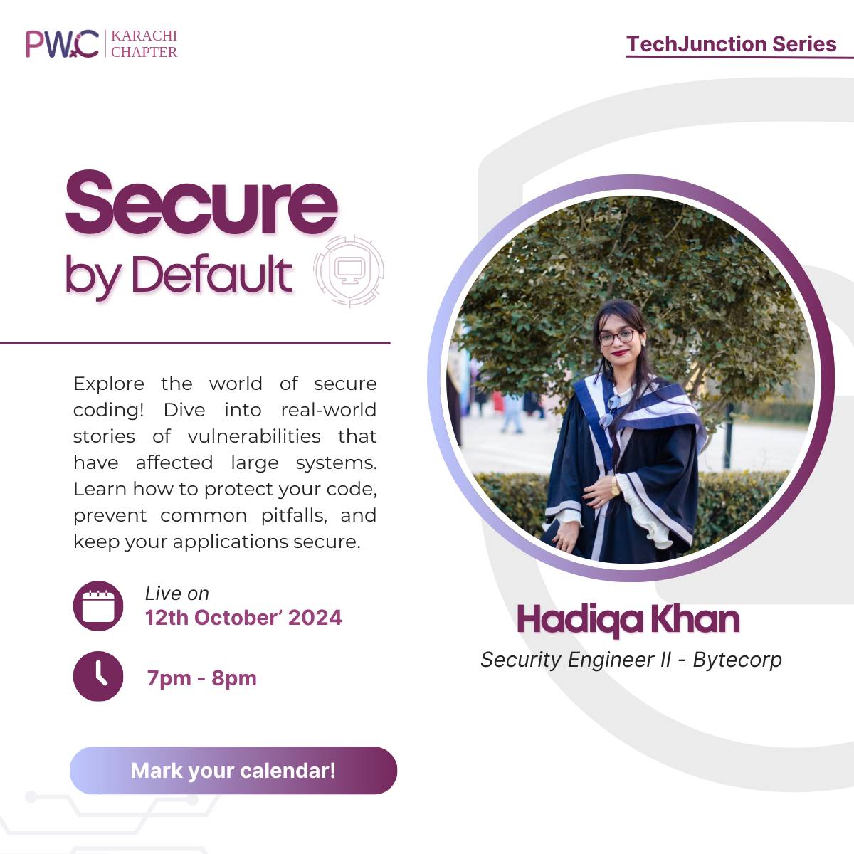 Join us for an insightful session on secure coding practices, led by an expert Security Engineer, Hadiqa Khan. 👩‍💻

🗓 Mark your calendars for Sunday, October 12th at 7 PM, and get ready to level up your security skills. See you there!

#pwic #cybersecurityawareness #Cybersecurity