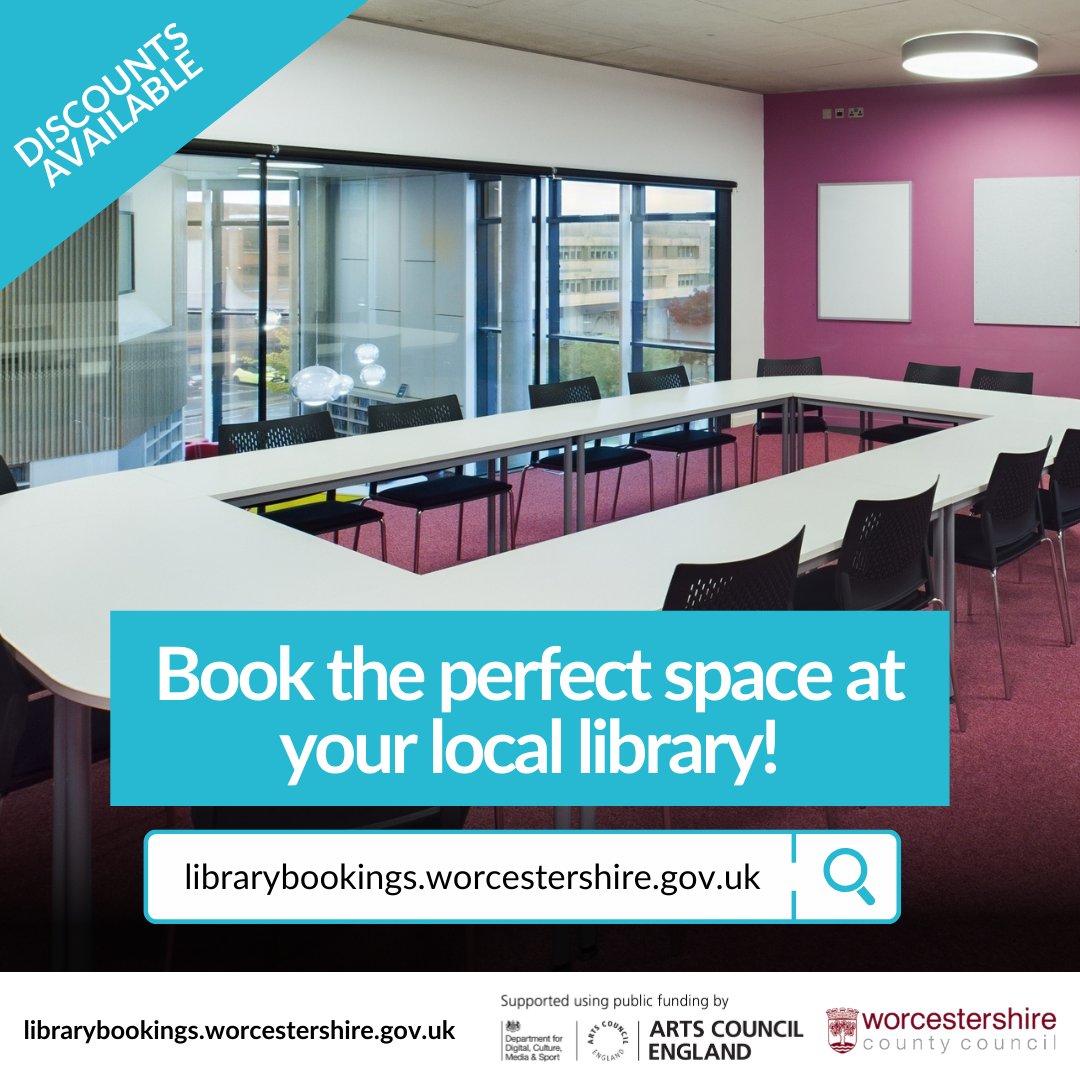 Hosting a meeting or event? Book a room at your local library! 📚 

Enjoy fast, free Wi-Fi, video conferencing, flexible setups, discounts for non-profits, and free booking slots at Libraries Unlocked sites.  #WorcestershireHour 

Book today! 🖱️ librarybookings.worcestershire.gov.uk