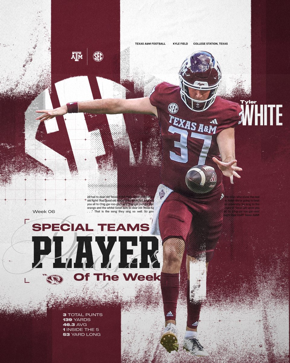 AggieFootball's tweet photo. .@tylerwhite2023 has been named 𝐒𝐄𝐂 𝐒𝐩𝐞𝐜𝐢𝐚𝐥 𝐓𝐞𝐚𝐦𝐬 𝐏𝐎𝐓𝐖 in back-to-back weeks.🦵

🗞️ Full release: https://t.co/B8dPEos1sY

#GigEm | @SEC https://t.co/mdohWXzUDH