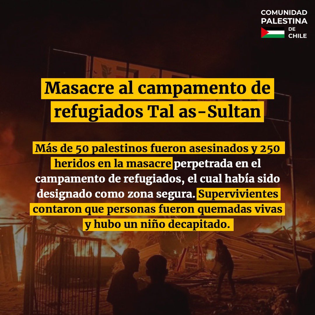 ComPalestinaCL's tweet photo. (1/2) #UnAñoDeGenocidio En Gaza, la violencia ha dejado profundas marcas. Solo contando este último año podemos contabilizar más de 4.000 masacres perpetradas por el ejército de ocupación israelí, que han atacado directamente a gran parte de la población civil palestina. 

Masacres como la realizada en la calle Al-Rashid, en el campamento Tal As-Sultan, o la del campamento de refugiados en Nuseirat, han resultado en el asesinato de más de 40.000 personas y más de 100.000 heridas en el territorio gazatí. 

Cada una de estas masacres están llenas de dolor, sufrimiento y violaciones a los derechos humanos y legalidad internacional. ¿El culpable? Israel y su afán de seguir exterminando al pueblo palestino.

En la siguiente gráfica te compartimos algunas de las masacres más sangrientas perpetradas por la ocupación. 

#palestina #gaza #genocidio #franjadegaza #7deoctubre