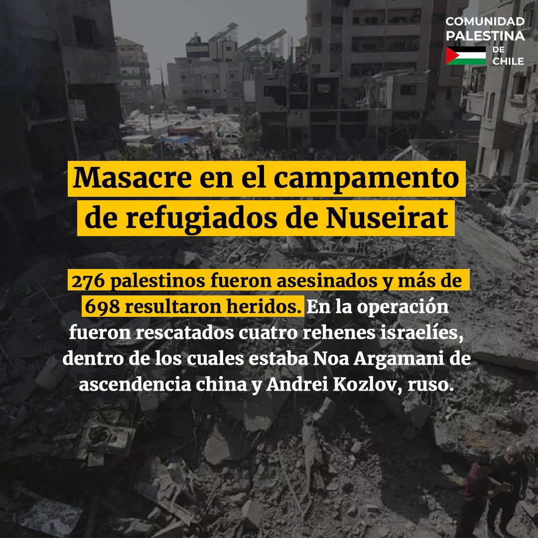 ComPalestinaCL's tweet photo. (1/2) #UnAñoDeGenocidio En Gaza, la violencia ha dejado profundas marcas. Solo contando este último año podemos contabilizar más de 4.000 masacres perpetradas por el ejército de ocupación israelí, que han atacado directamente a gran parte de la población civil palestina. 

Masacres como la realizada en la calle Al-Rashid, en el campamento Tal As-Sultan, o la del campamento de refugiados en Nuseirat, han resultado en el asesinato de más de 40.000 personas y más de 100.000 heridas en el territorio gazatí. 

Cada una de estas masacres están llenas de dolor, sufrimiento y violaciones a los derechos humanos y legalidad internacional. ¿El culpable? Israel y su afán de seguir exterminando al pueblo palestino.

En la siguiente gráfica te compartimos algunas de las masacres más sangrientas perpetradas por la ocupación. 

#palestina #gaza #genocidio #franjadegaza #7deoctubre