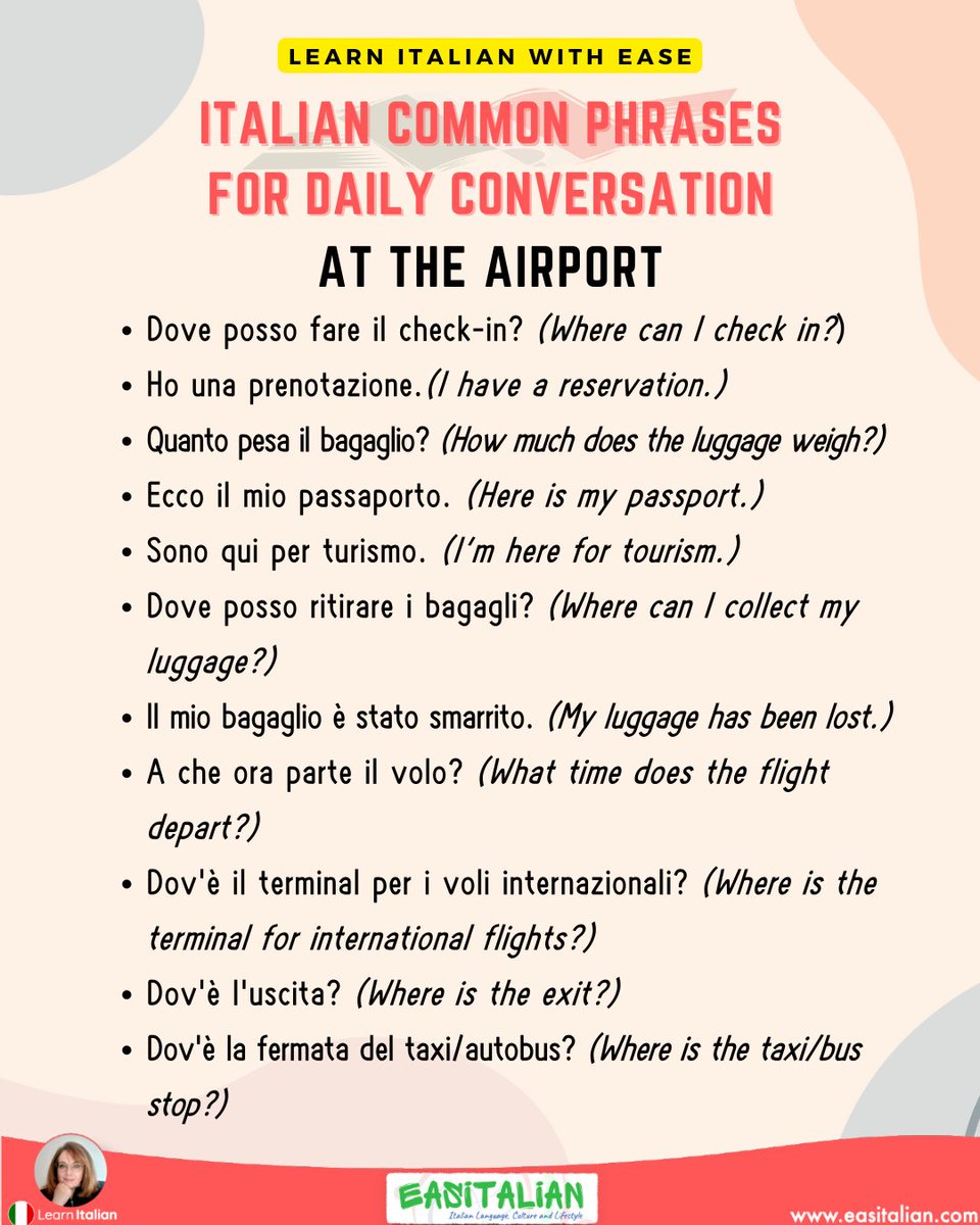 easitalian's tweet image. Essential Italian phrases and words for &quot;going to the airport&quot; #italiano #learningitalianlanguage #italianlearning #ItalianLanguage #speakitalian #ItalianLessons #italy