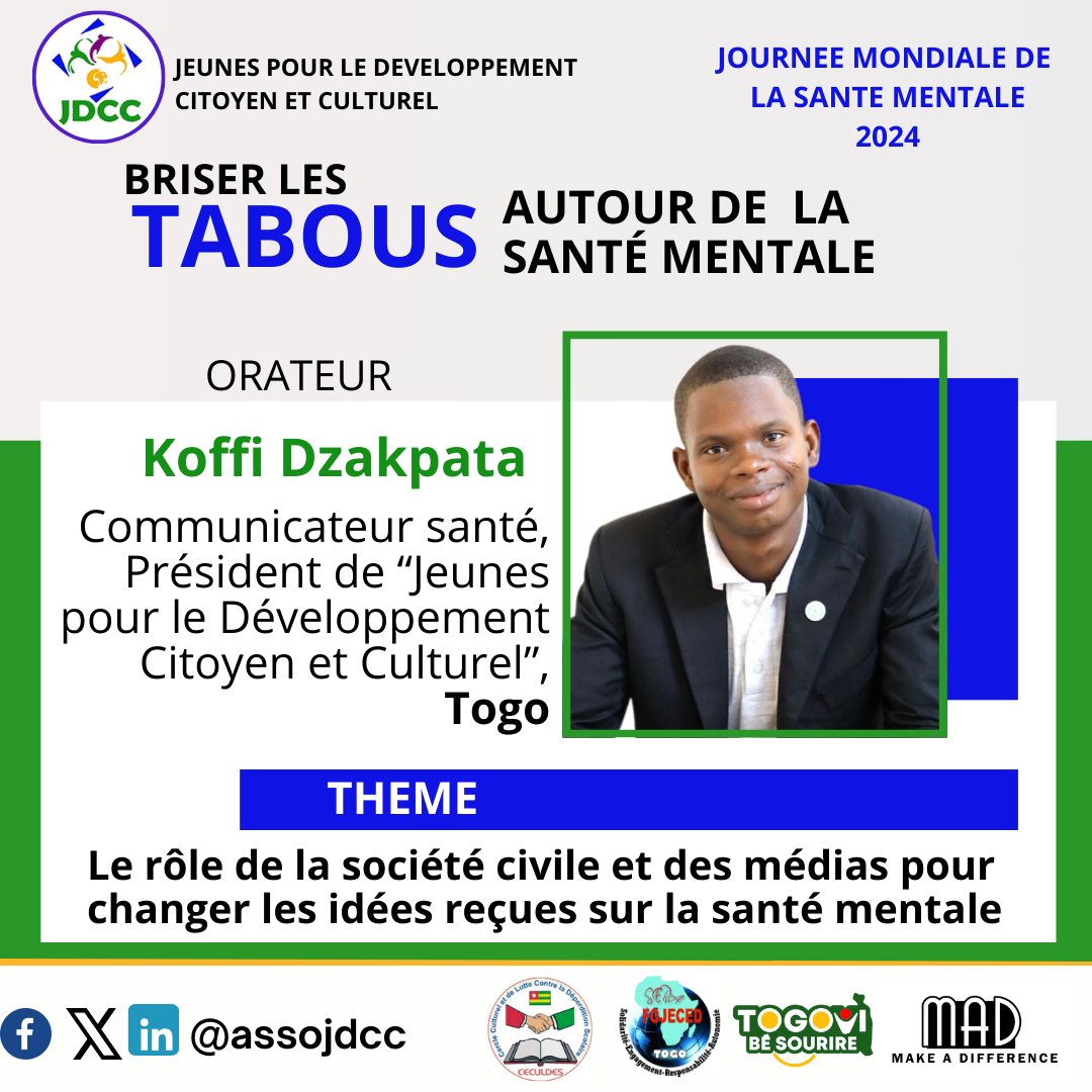 AssoJDCC's tweet photo. Communicateur santé et activiste social, @dzakpataraymond interviendra sur le rôle des médias et de la société civile pour changer les perceptions sur la santé mentale le 12 octobre 2024.

🔗 Inscrivez-vous ici : https://t.co/GGlhYgYmcS

#SantéMentale #MentalHealth #mentalillness https://t.co/lLiyFTAdTO