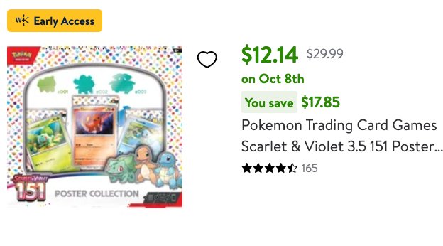 Pokemon 151 Poster Collection will be available for $12.14 Tomorrow at 12AM  ET for Walmart Deals Week!  https://t.co/jDou80R6Ek Walmart+ Early  Access: https://t.co/YUFWAB2Bcc Drops for non-early access at 12PM ET.  #PokemonTCG #ad