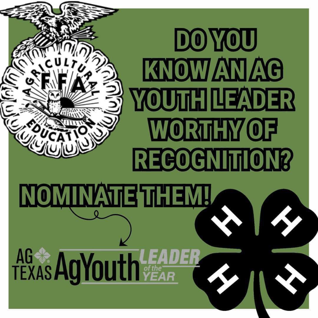 AgTexasFCS's tweet photo. ⭐️Ag Youth 𝗟𝗘𝗔𝗗𝗘𝗥 of the Year Award⭐️

If you know an advisor, club leader, extension agent, etc. that deserves to be acknowledged, please nominate them here 👉 https://t.co/Tdb7EkDWxI

‼️The nomination window is open until December 31, 2024

#AgStrong #LeaderStrong https://t.co/RmT1S2CtPE