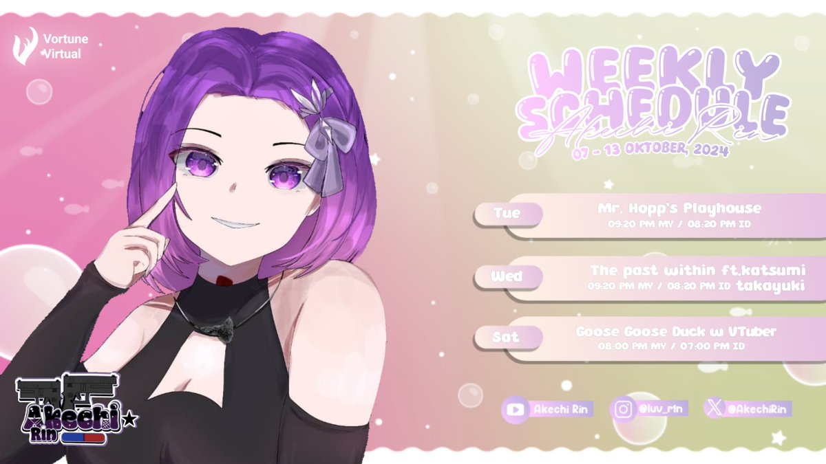 AkechiRin's tweet photo. Eyyooo my schedule is hereee🎴💊
07 - 13 Oktober 2024
《Hashtag》
General : #Akechirin
Live : #EchiLive
FanArt : #RinArt
Cover : #RinUta
Meme : #RinMemes
FanName : #Riners
#vtuber #vtubermalaysia #akechirin #weeklyschedule https://t.co/P8V59zc1di