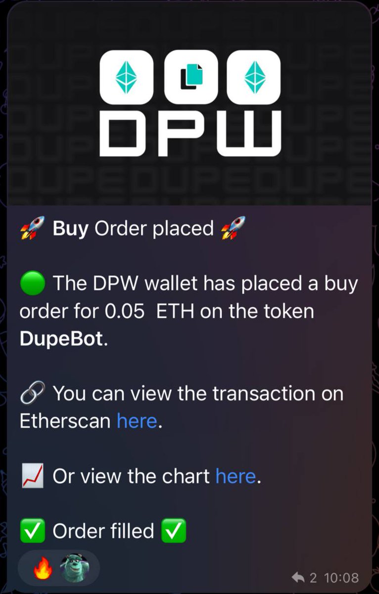 DUPEbot's tweet photo. All buys/sells from the DPW are shared in the tg group and you can track PnL via the bot ✅

13 alpha wallets are locked in, ready to copy trade! This marks the next phase of $DUPE with much more to come next week for the leaderboards and main bot itself.

Let's get $DUPE-ing! https://t.co/KPPuyPbzVx