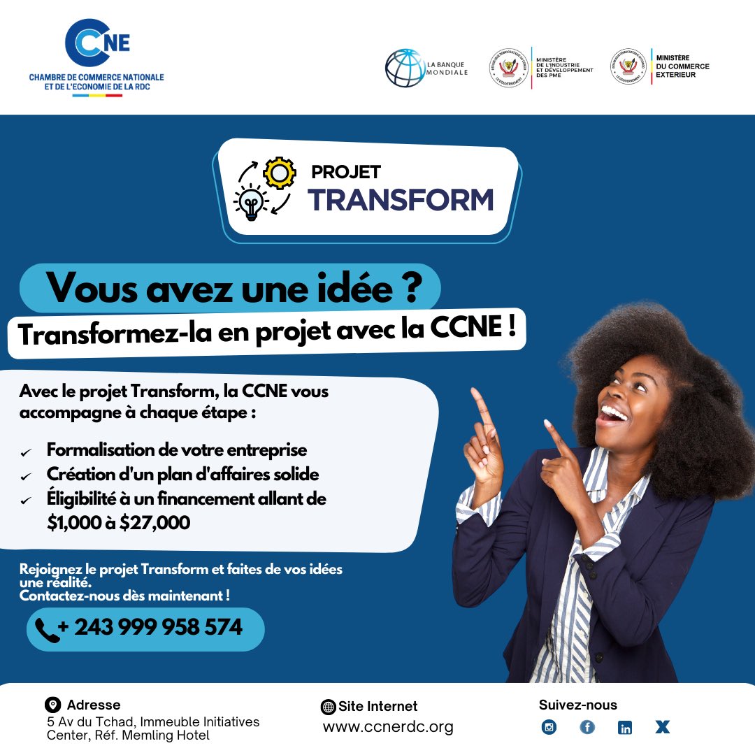 CCNERDC's tweet photo. 🚀 Boostez votre entreprise avec le Projet Transform ! Financement jusqu'à 250 000 $ pour porteurs de projets, startups et PME en RDC.
🌐 https://t.co/ZSTtIWBgvR

#ProjetTransform #EntrepreneurRDC #Financement https://t.co/mKkGtWTukS