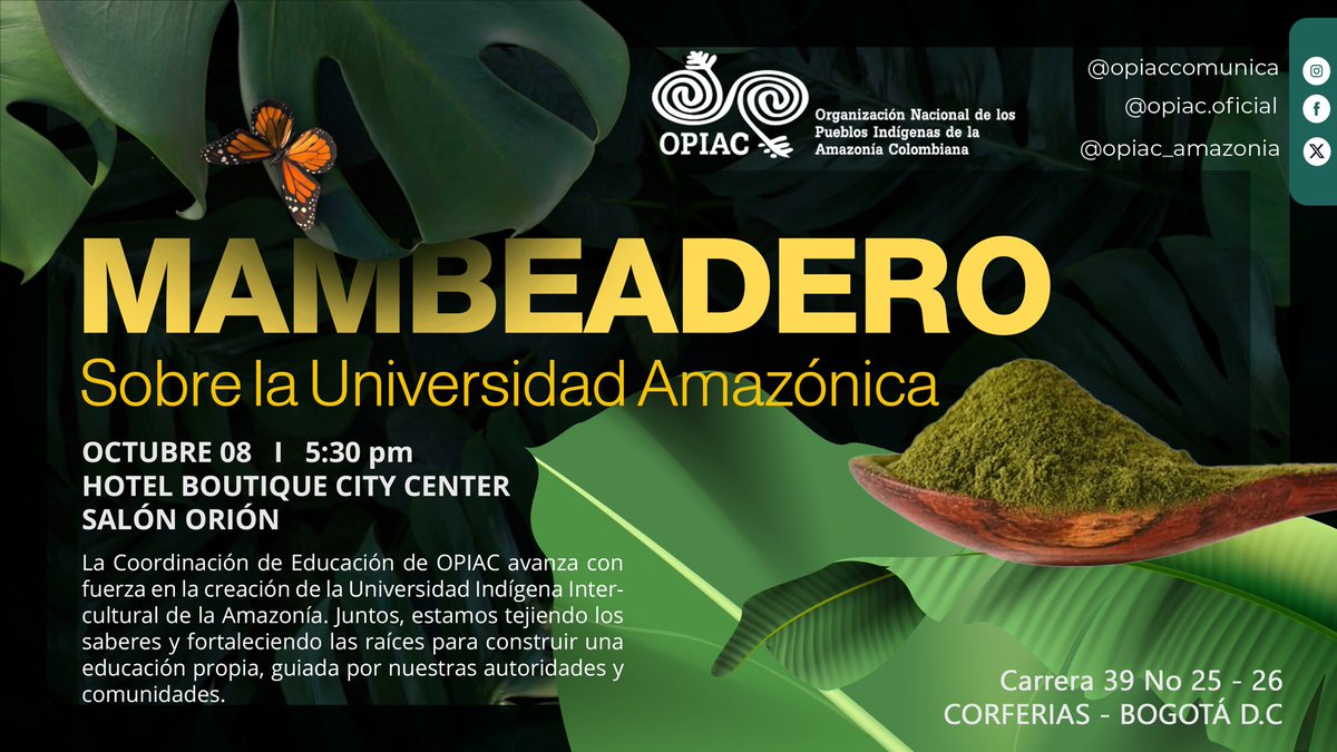 @opiaccomunica 📢📢
Atención 🚨 cambiamos el encuentro de lugar el día de mañana. 

🌿 ✨ 📚 Mambeadero sobre la Universidad Amazónica 📚 ✨🌿
La Coordinación de Educación de OPIAC te invita a ser parte de un encuentro esencial para la construcción colectiva de la Universidad