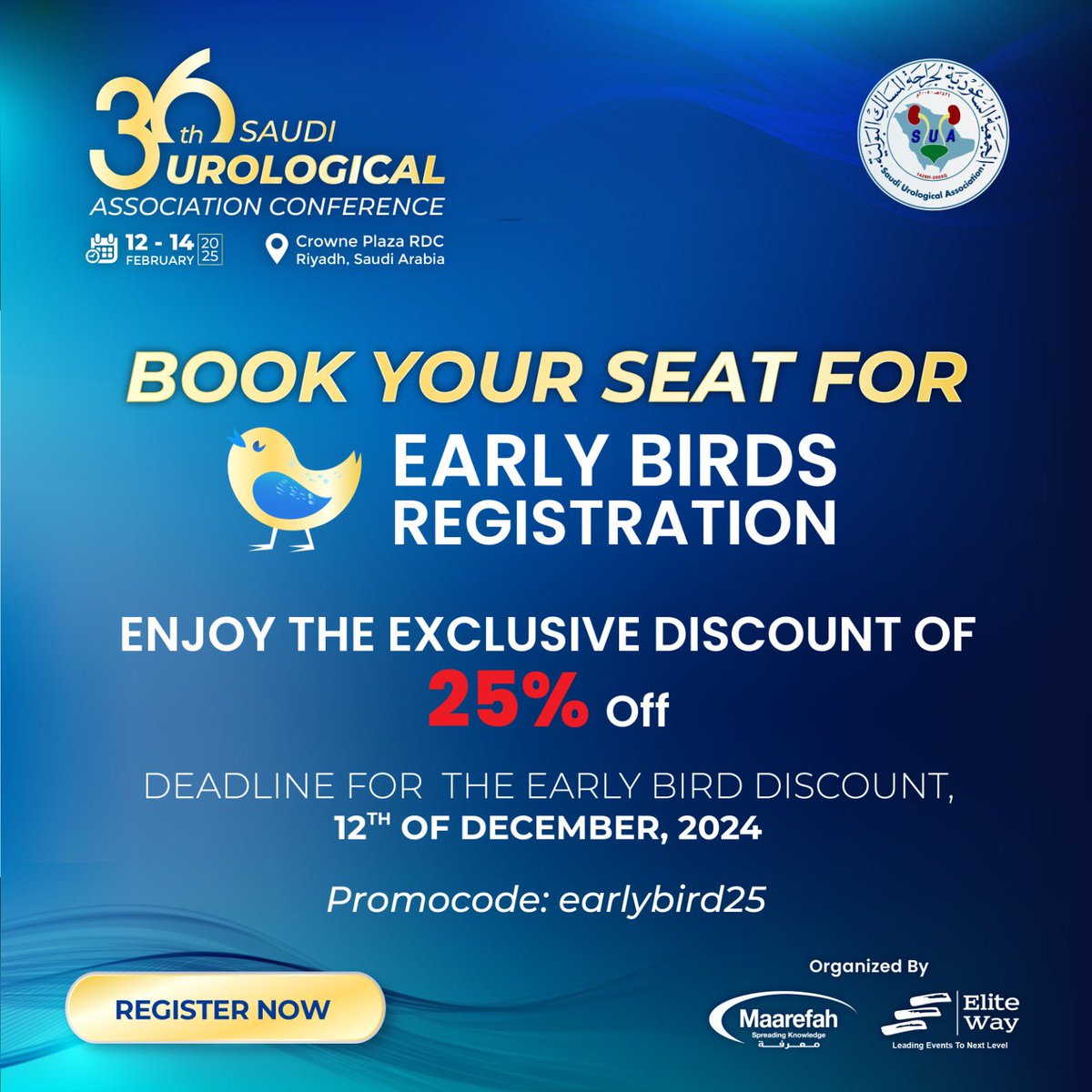 Join Us at SUAC 2025 – The Premier Urology Event
Don't miss out on this incredible opportunity to engage with leading professionals in the field.
🔑 Use code: EARLYBIRD25

📅 February 12-14, 2022
📍 Crowne Plaza RDC, Riyadh

Register Now: suac-sa.com/registration/